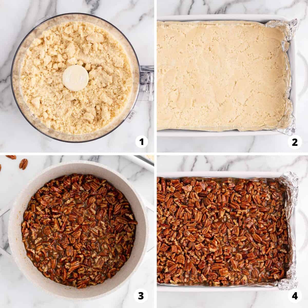 Showing how to make pecan pie bars in a 4 step collage.