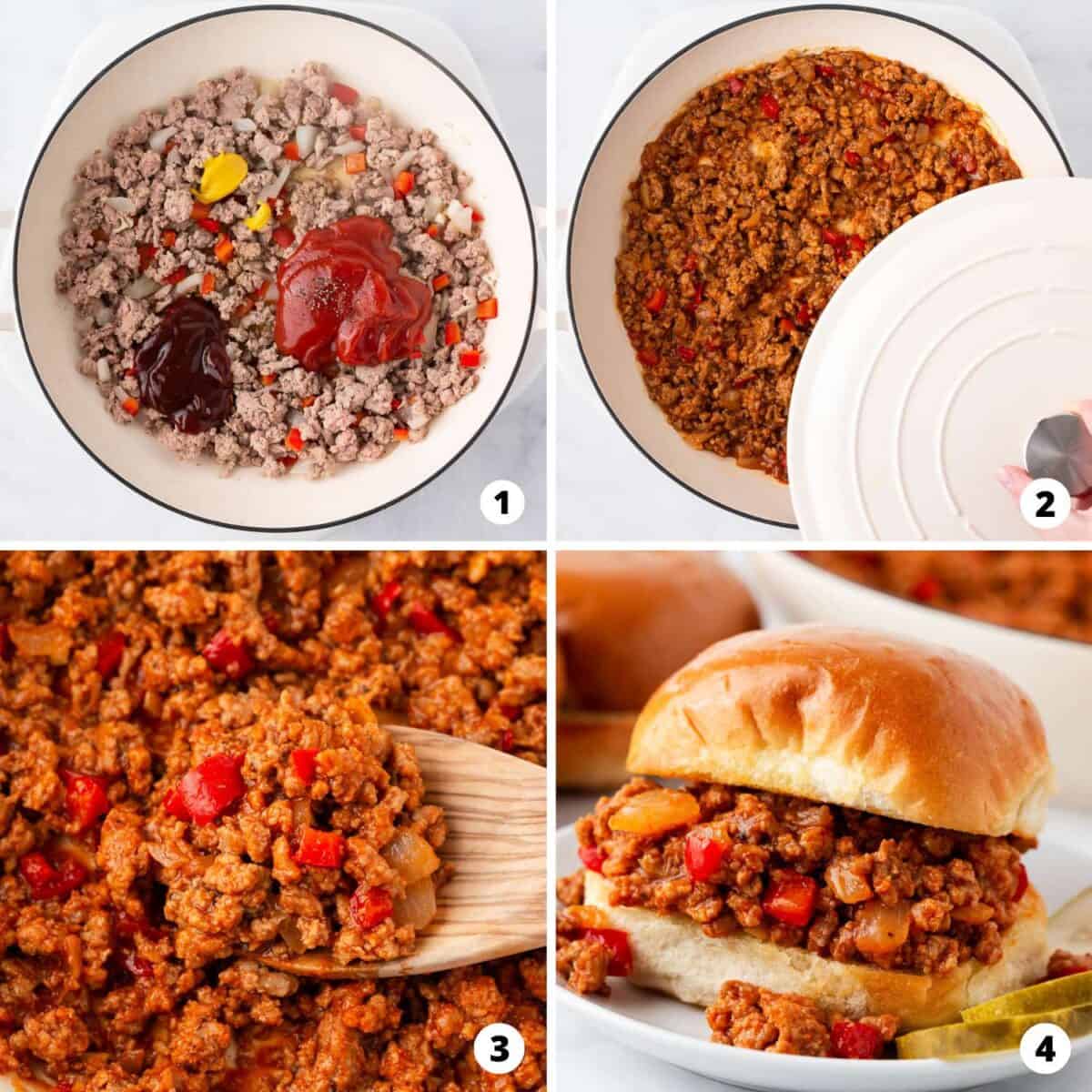 Showing how to make turkey sloppy joes in a 4 step collage.
