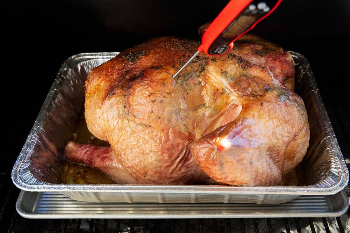 Turkey with meat thermometer inside checking temperature.
