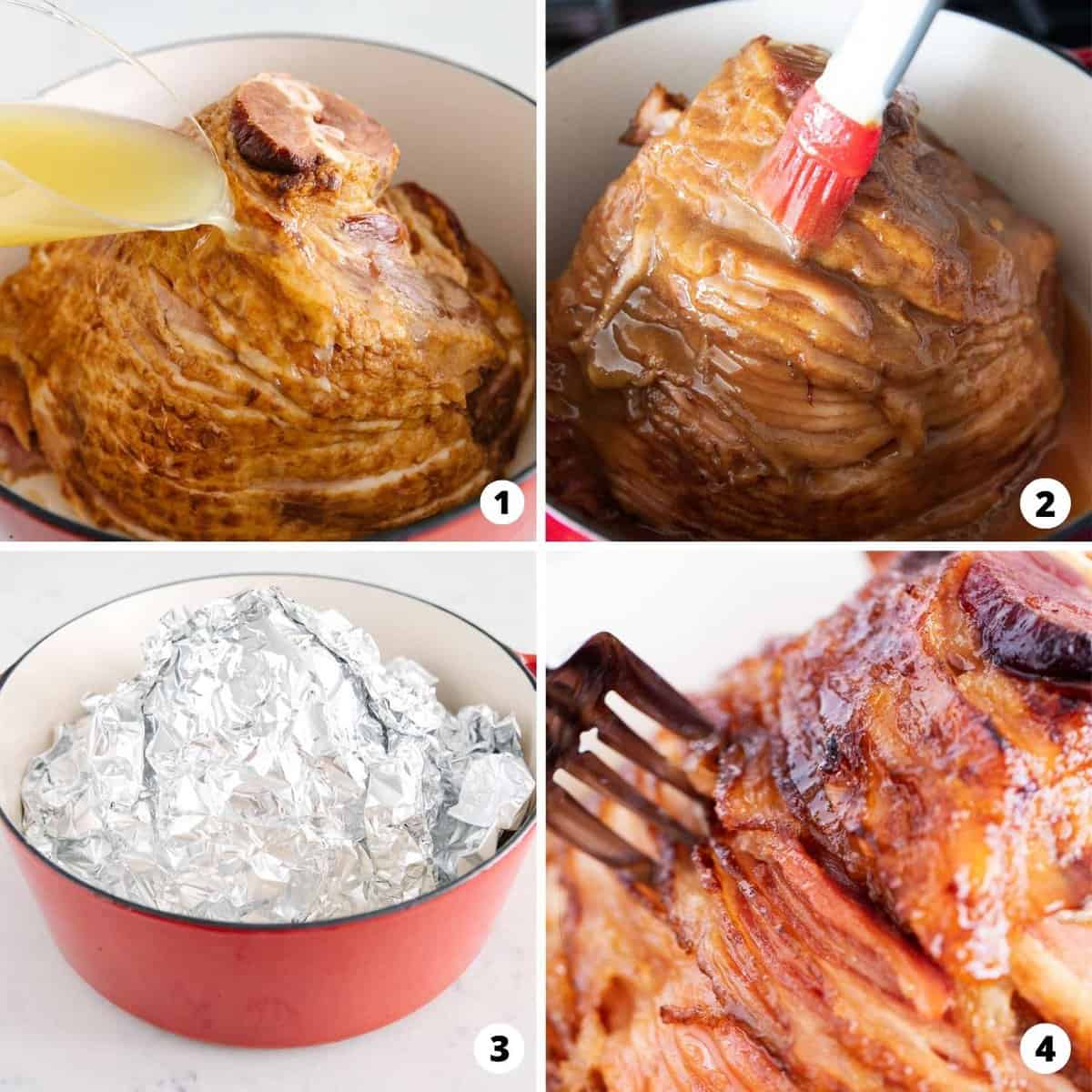 The process of making baked ham in a four step photo collage. 