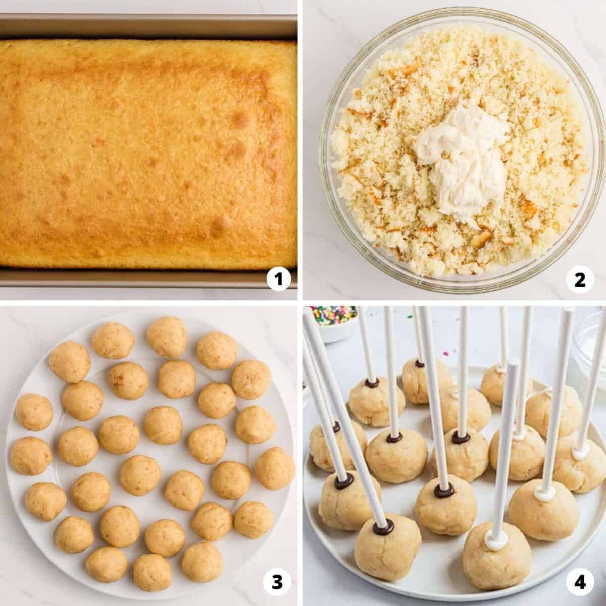 Showing how to make cake pops in a 4 step collage.