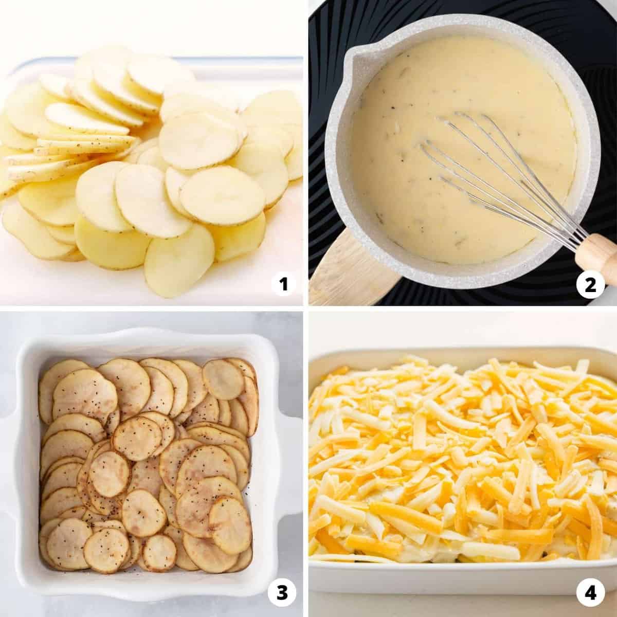 Showing how to make cheesy scalloped potatoes in a 4 step collage.