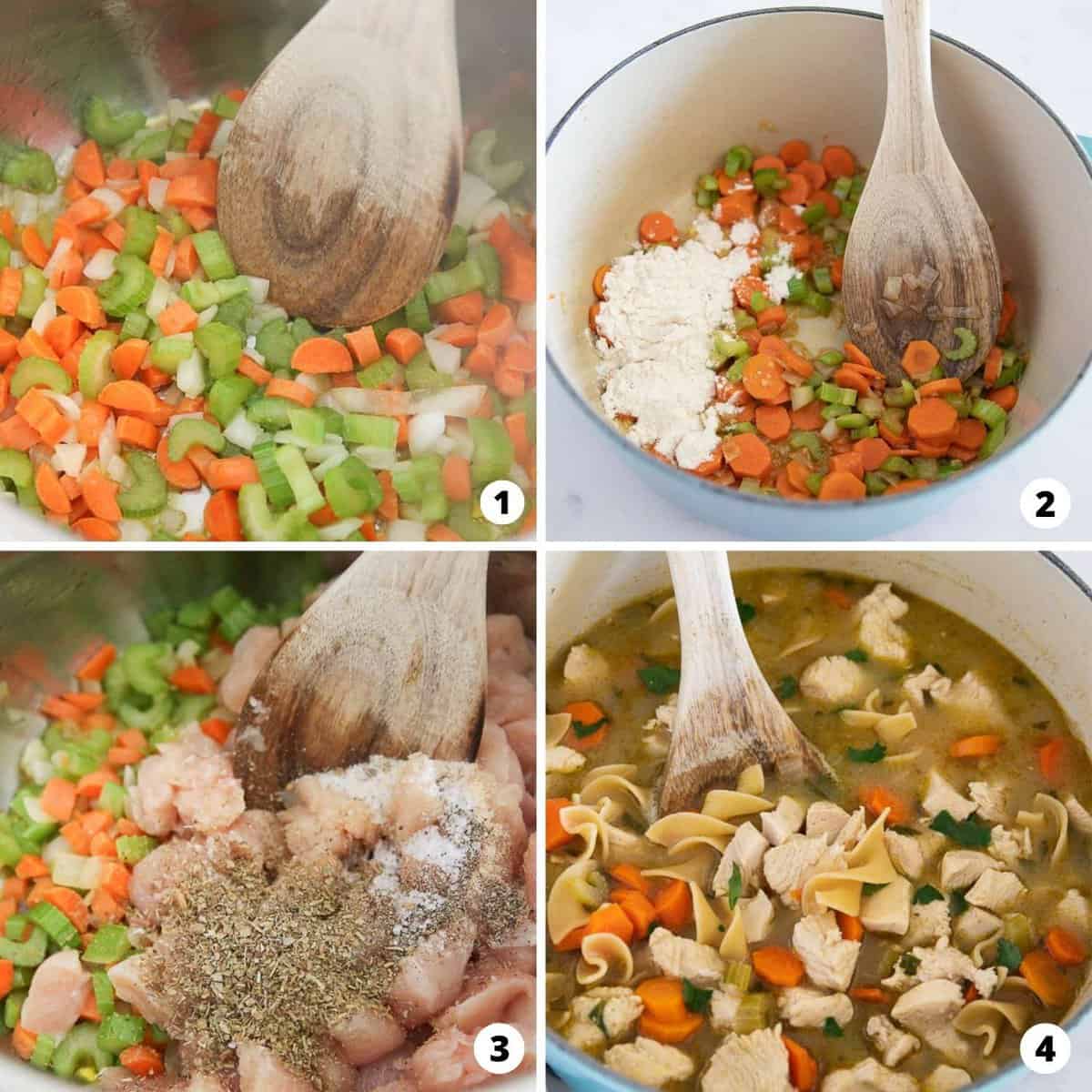 Showing how to make chicken noodle soup in a 4 step collage.