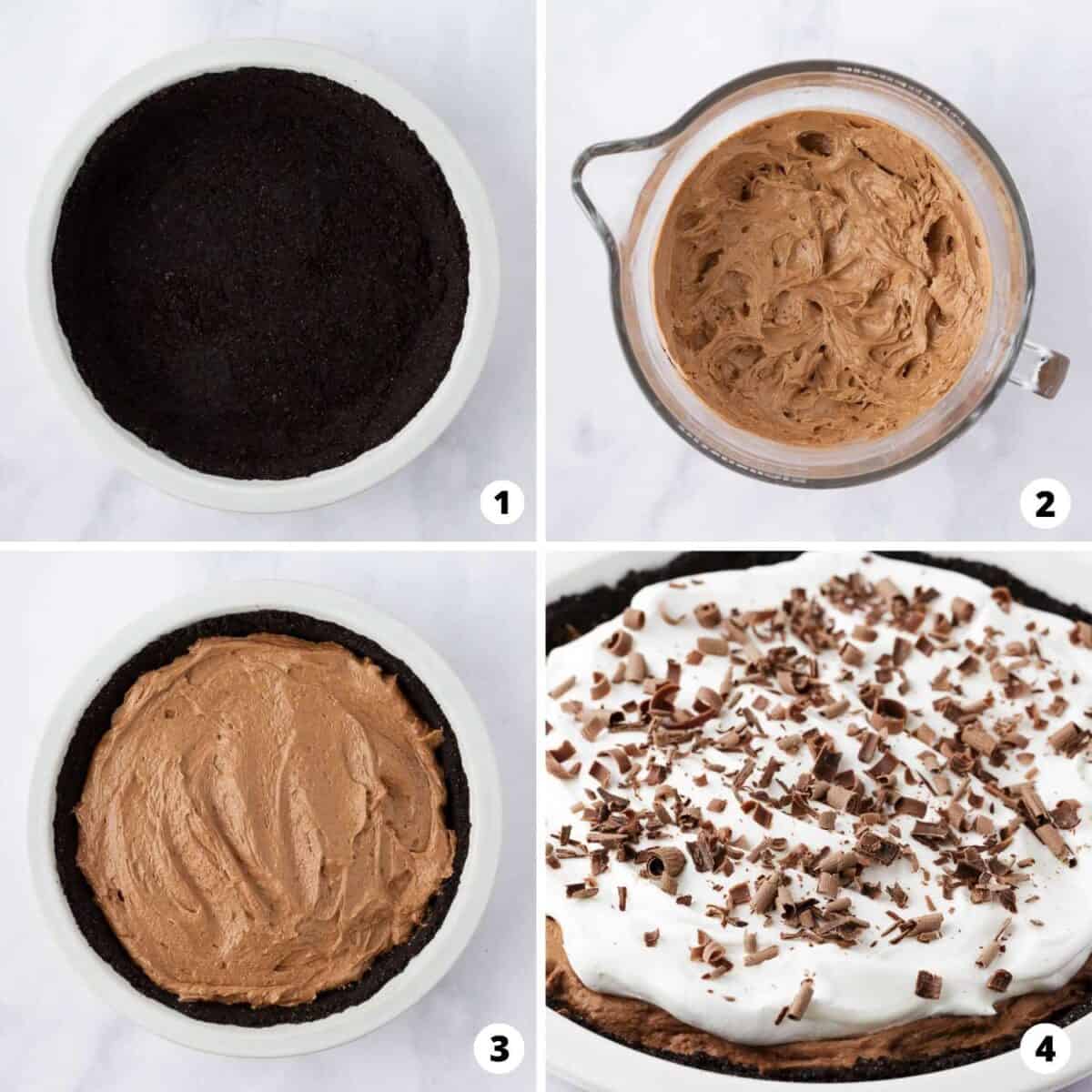The ultimate chocolate silk pie made with a chocolate crust, silky smooth chocolate filling and topped with homemade whipped cream and chocolate shavings. This dessert is a chocolate lovers dream! Showing how to make chocolate silk pie in a 4 step collage.