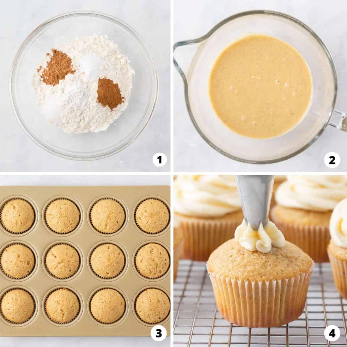 Showing how to make eggnog cupcakes in a 4 step collage.