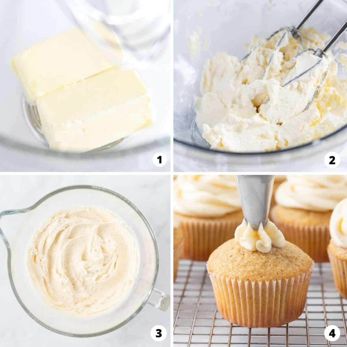Showing how to make eggnog frosting in a 4 step collage.
