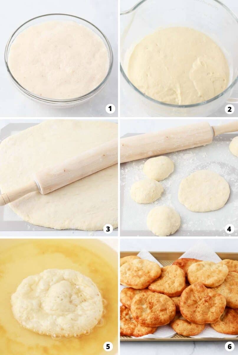 Showing how to make fry bread in a 6 step collage.