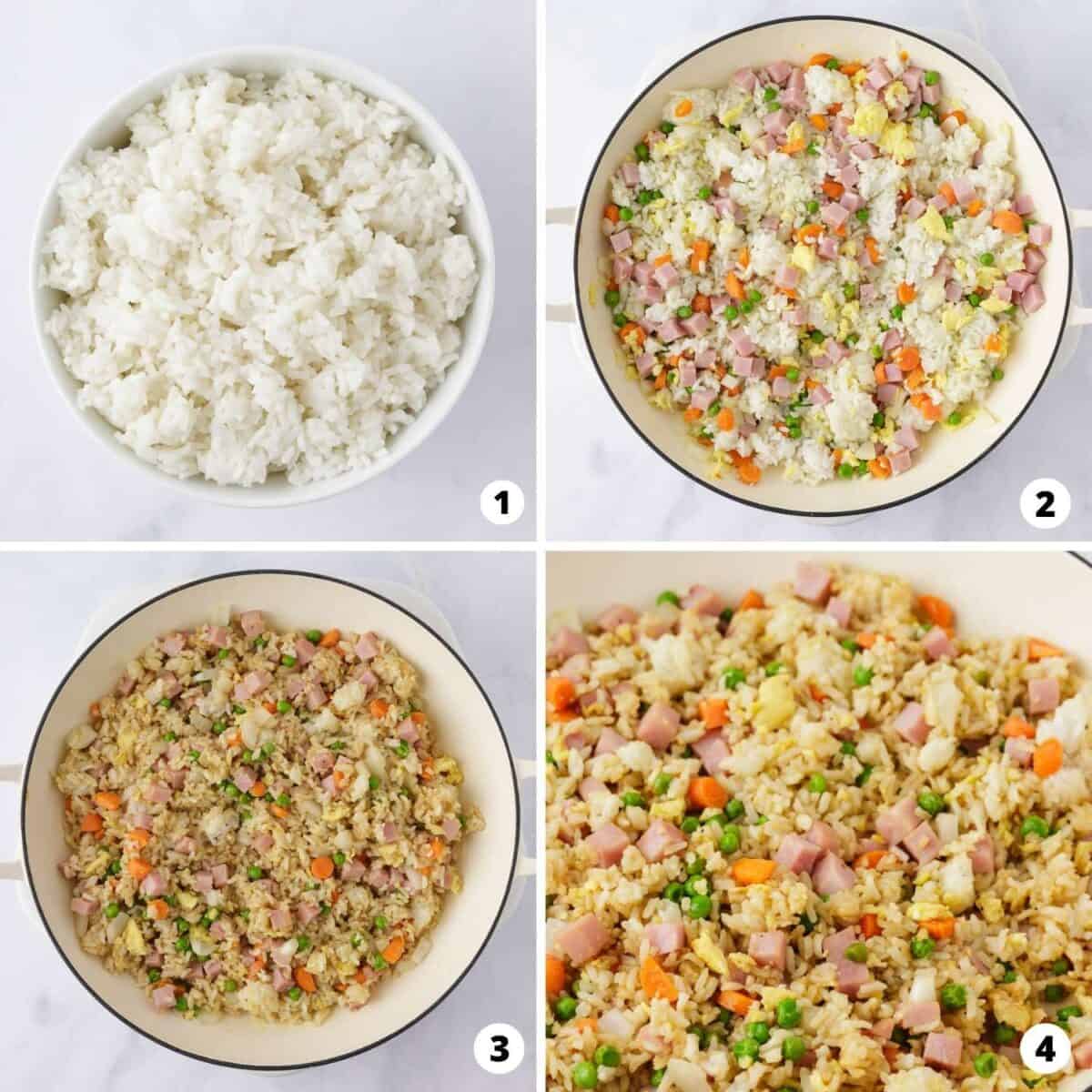 Showing how to make ham fried rice in a 4 step collage.