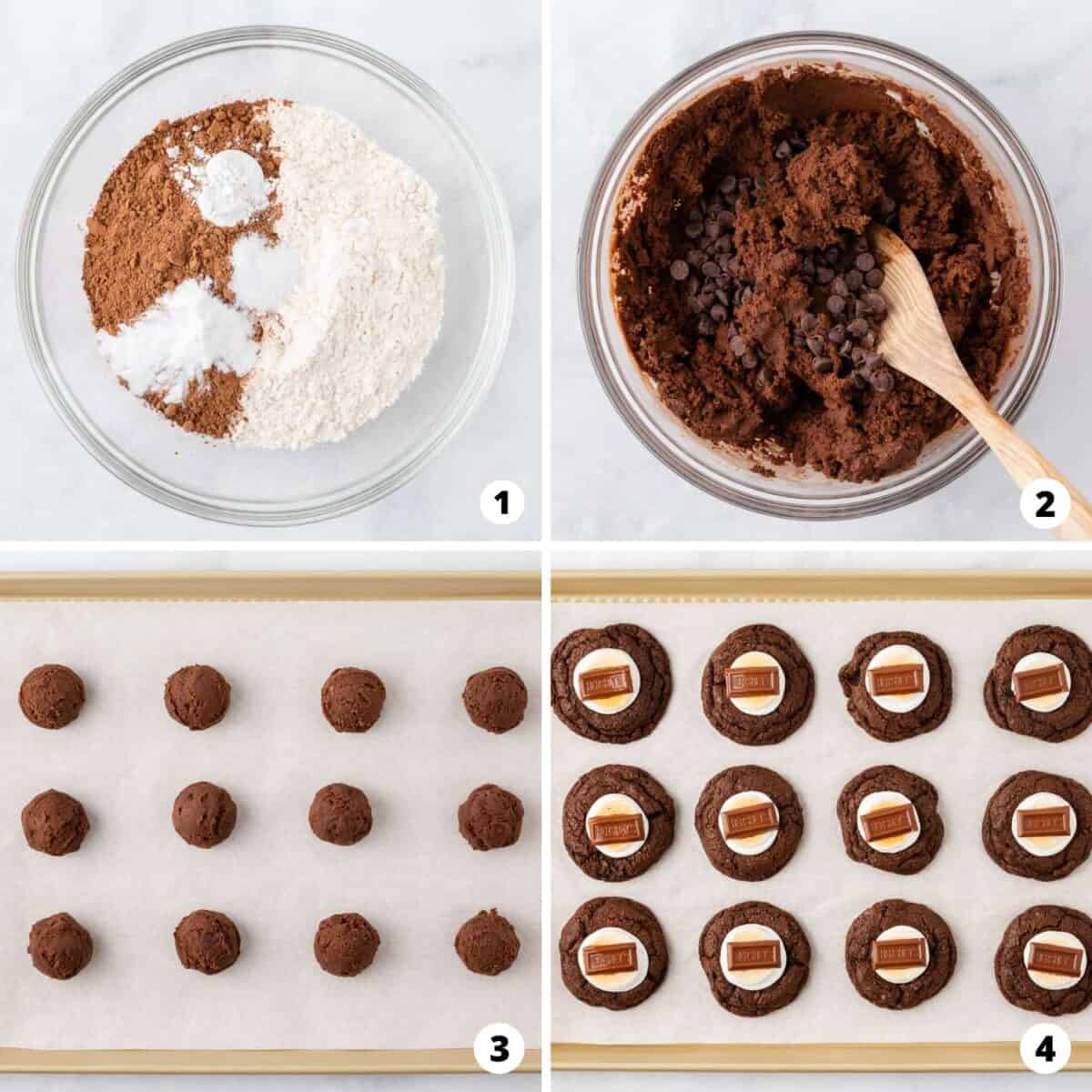 Showing how to make hot chocolate cookies in a 4 step collage.
