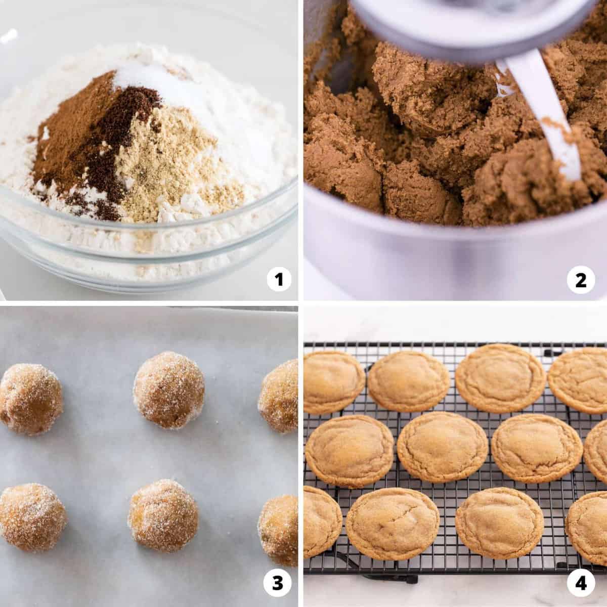 Showing how to make molasses cookies in a 4 step collage.