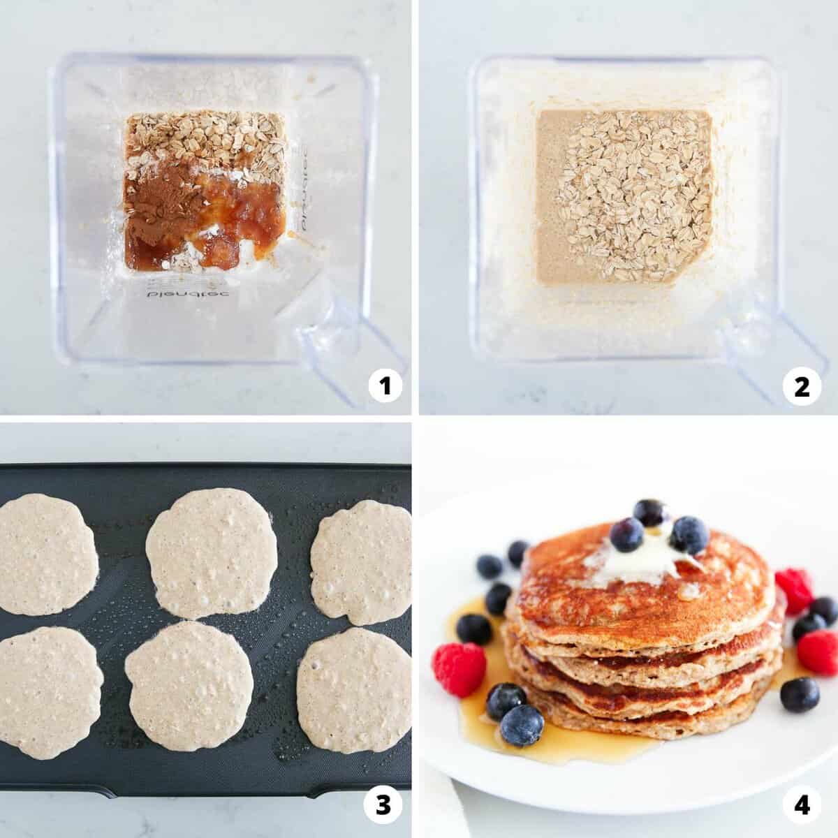 Step by step photos of how to make oatmeal pancakes in a blender. 