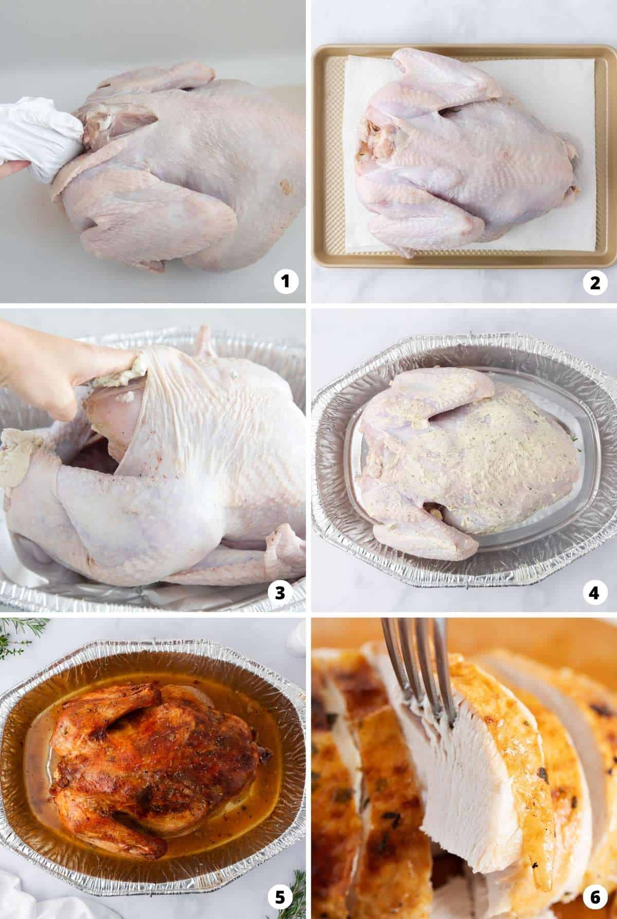 Showing how to cook a turkey in a 6 step collage.