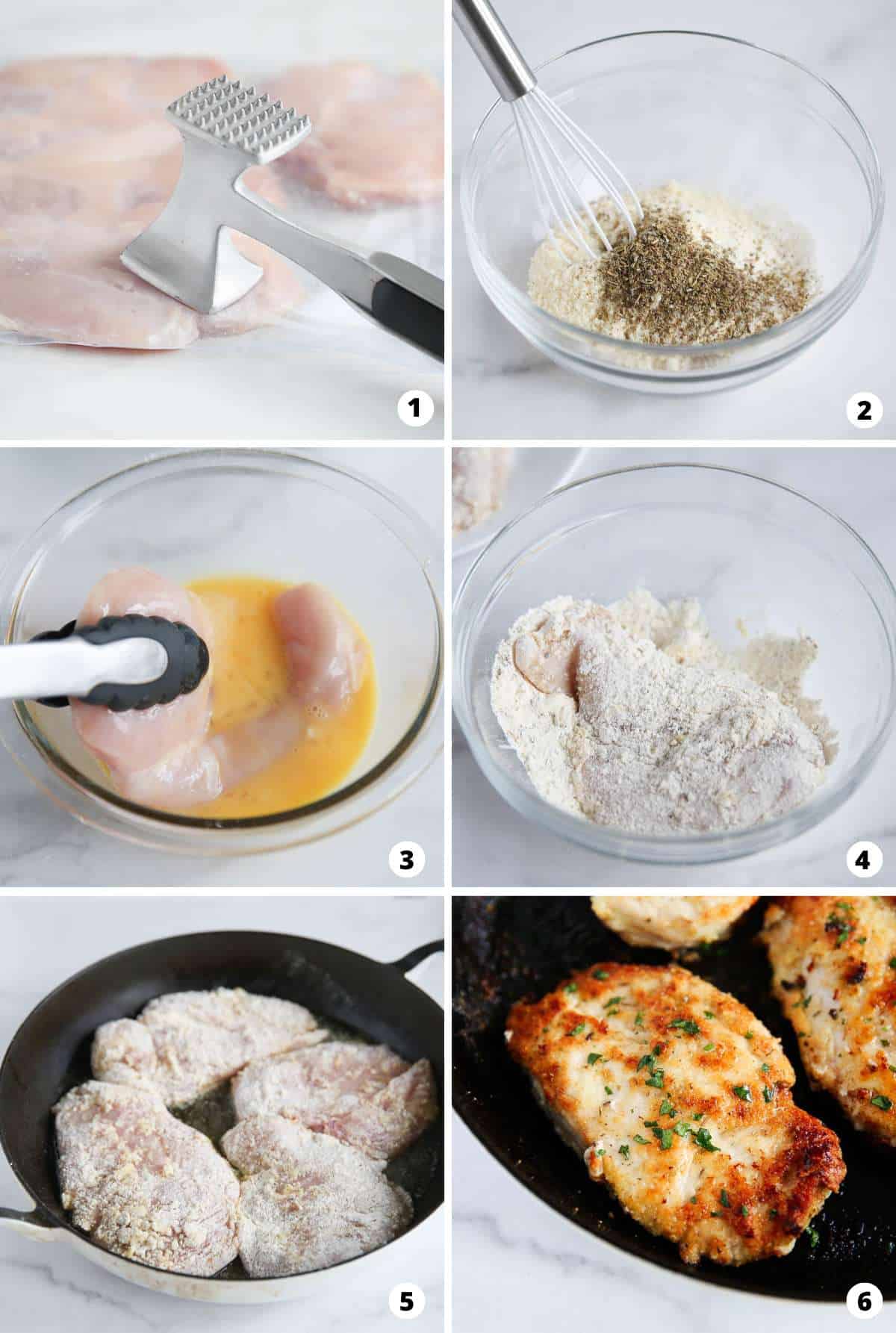 Showing how to make parmesan crusted chicken in a 6 step collage.