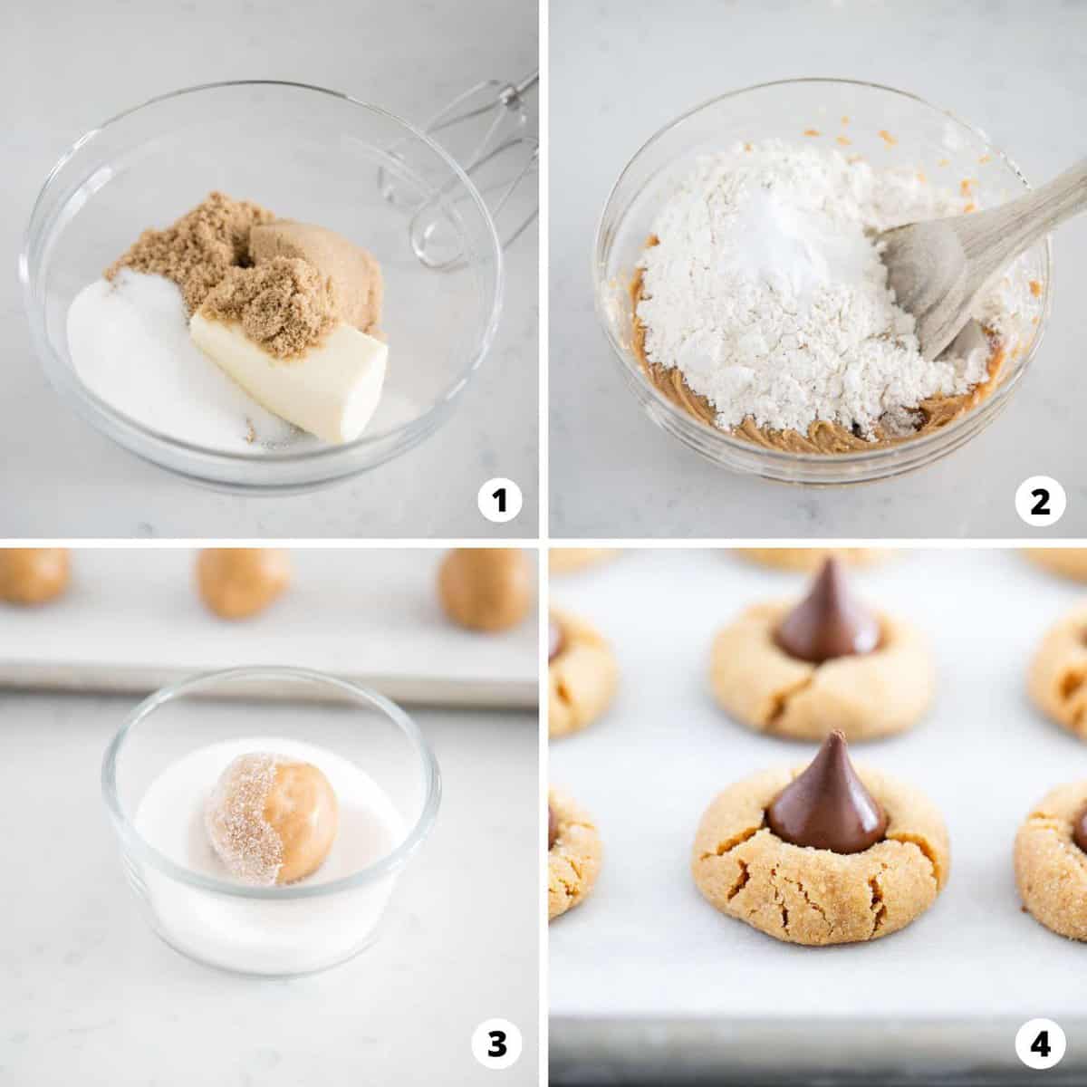 The process of making peanut butter blossom in a four step photo collage.