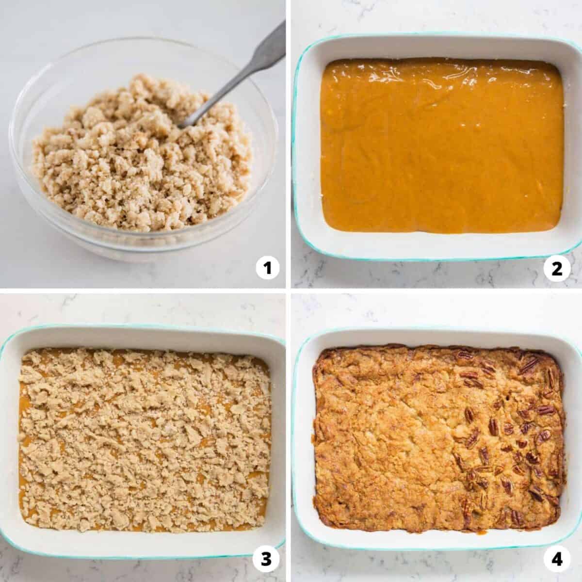 Showing how to make pumpkin crunch cake in a 4 step collage.