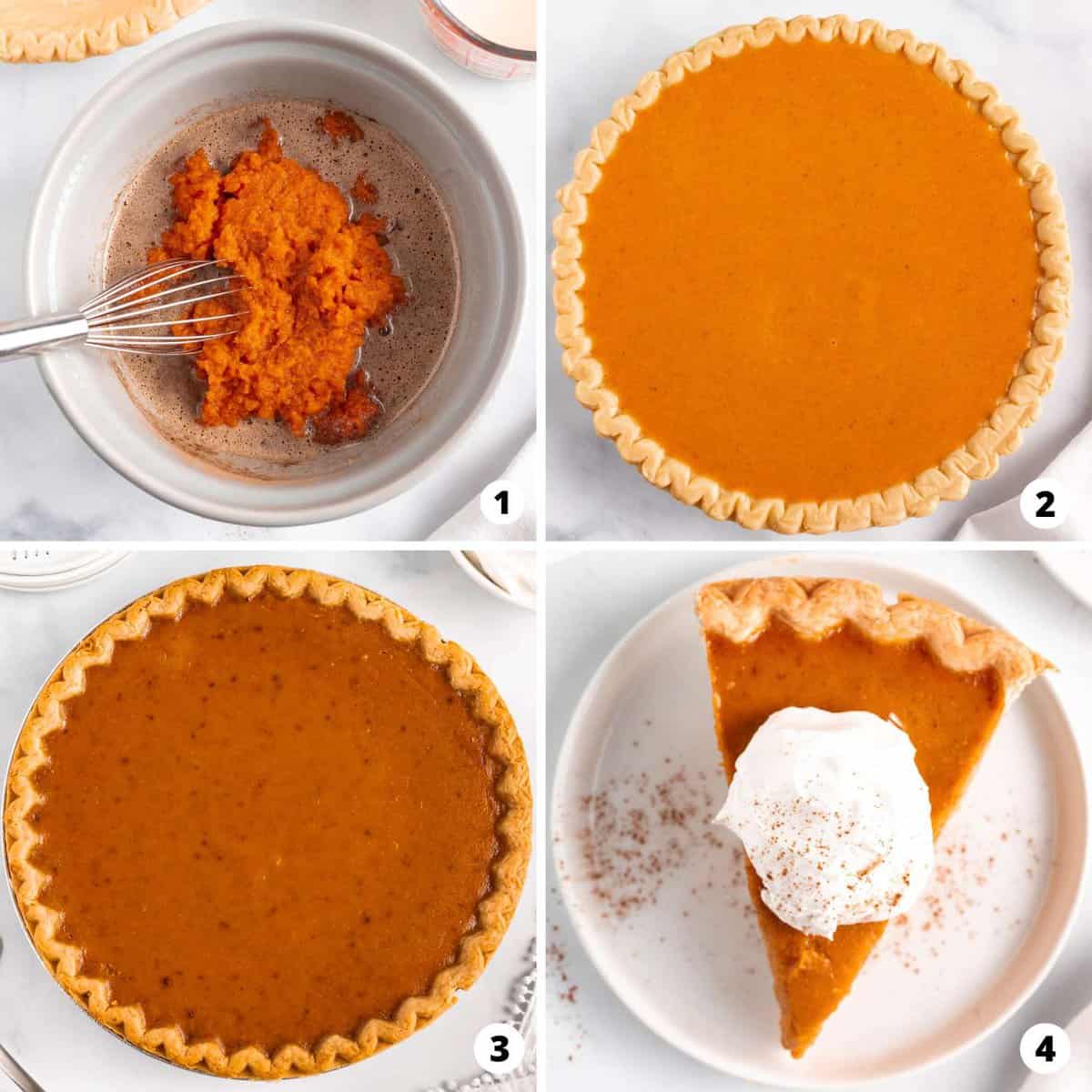 Showing how to make pumpkin pie in a 4 step collage.