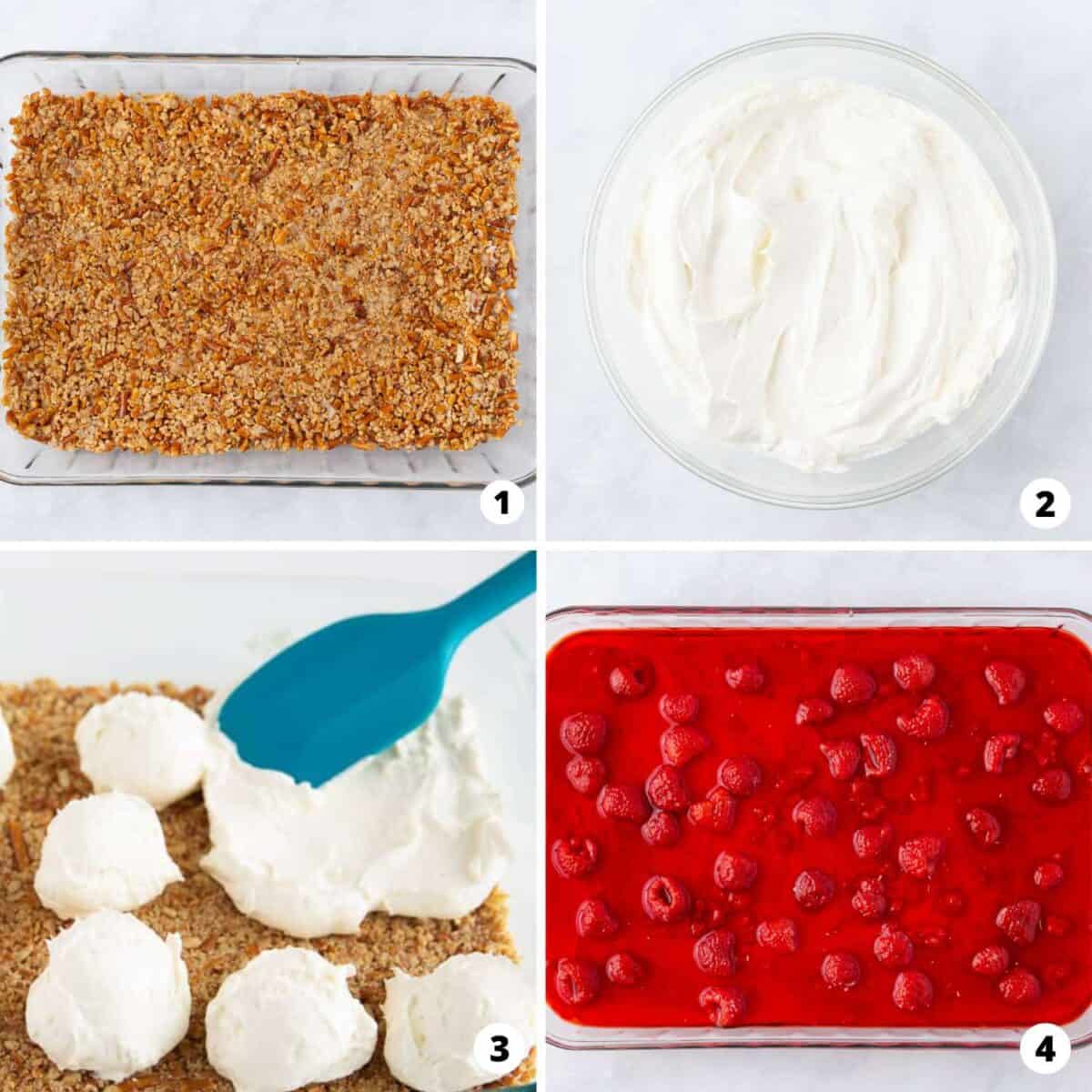 Showing how to make raspberry pretzel salad in a 4 step collage.