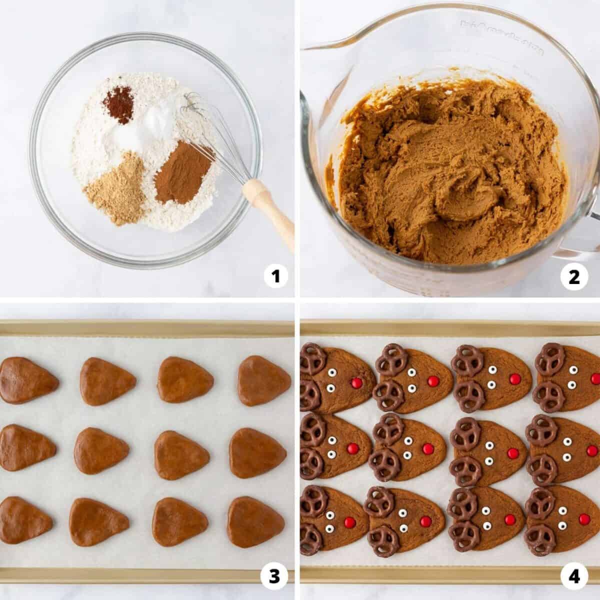 Showing how to make reindeer cookies in a 4 step collage.
