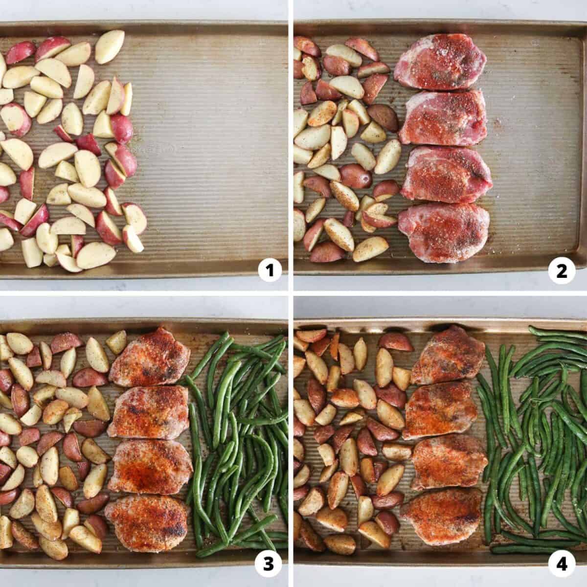 Showing how to make sheet pan pork chops in a 4 step collage.
