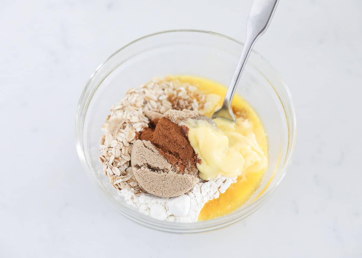 Streusel ingredients in a glass bowl.