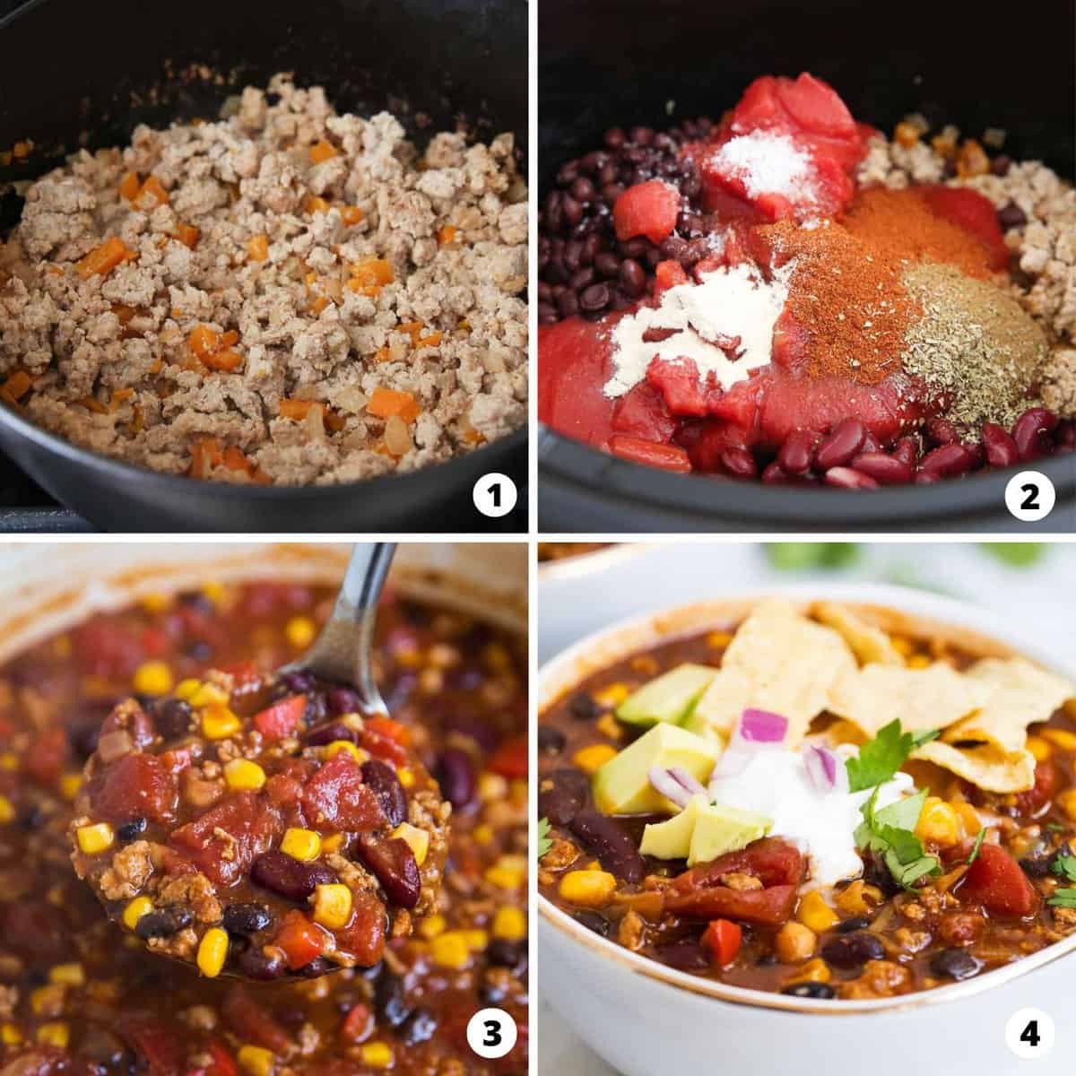 Showing how to make turkey chili in a 4 step collage.
