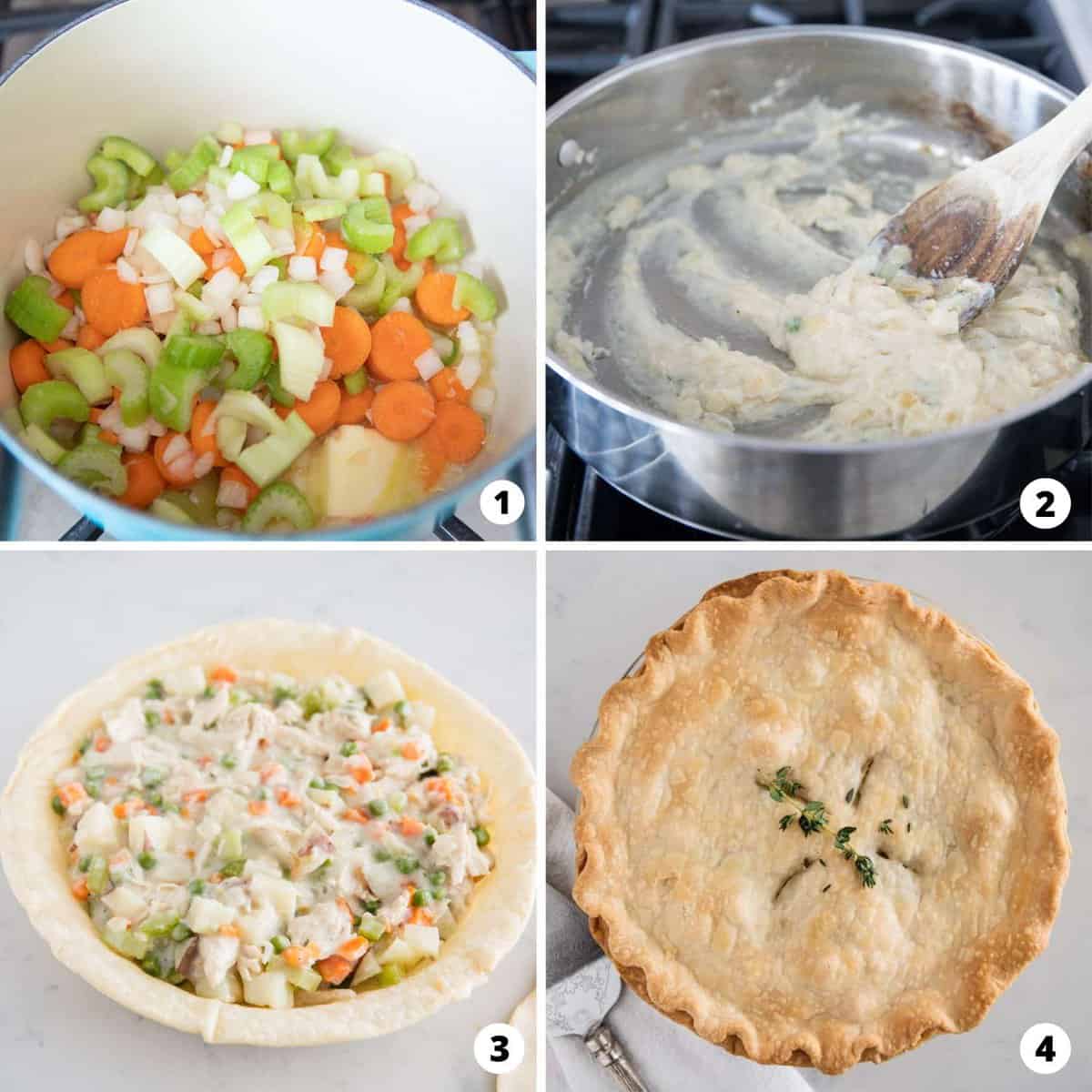 Showing how to make turkey pot pie in a 4 step collage.