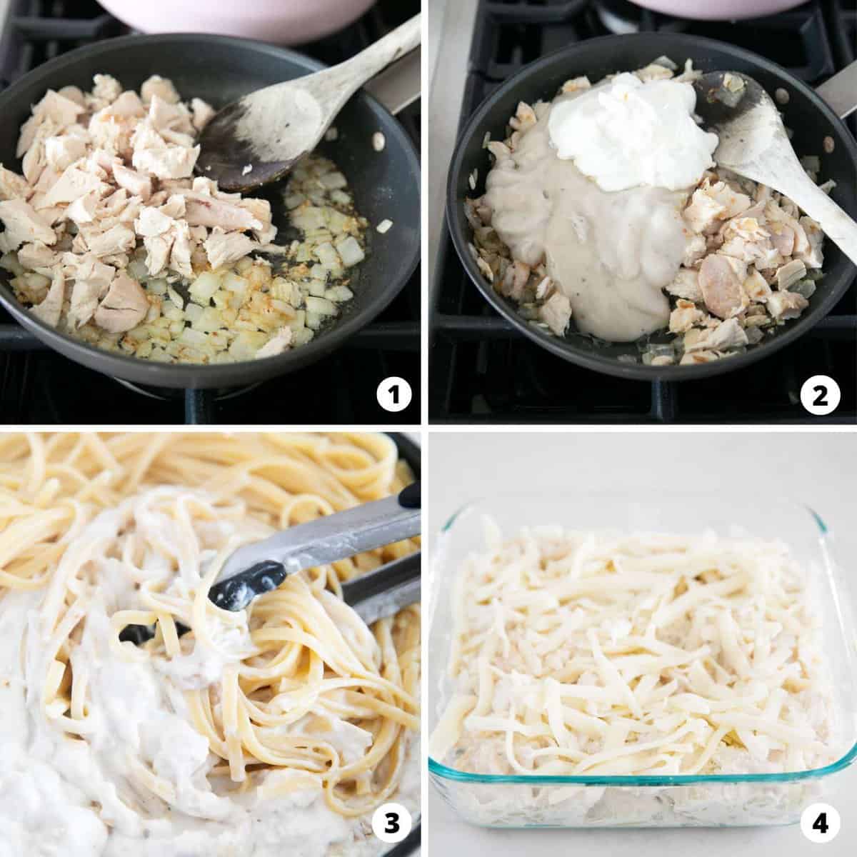 Showing how to make turkey tetrazzini in a 4 step collage.