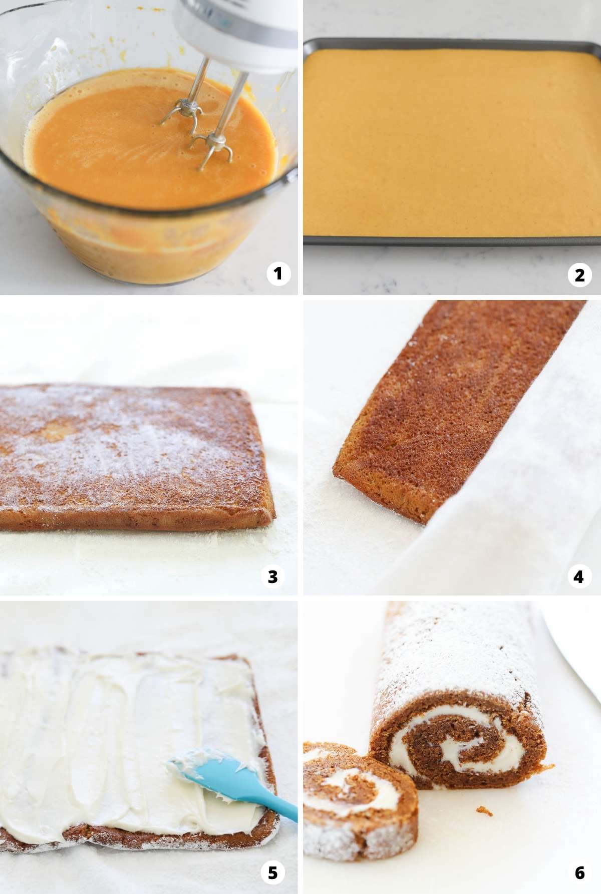 Showing how to make a pumpkin roll in a 6 step collage.