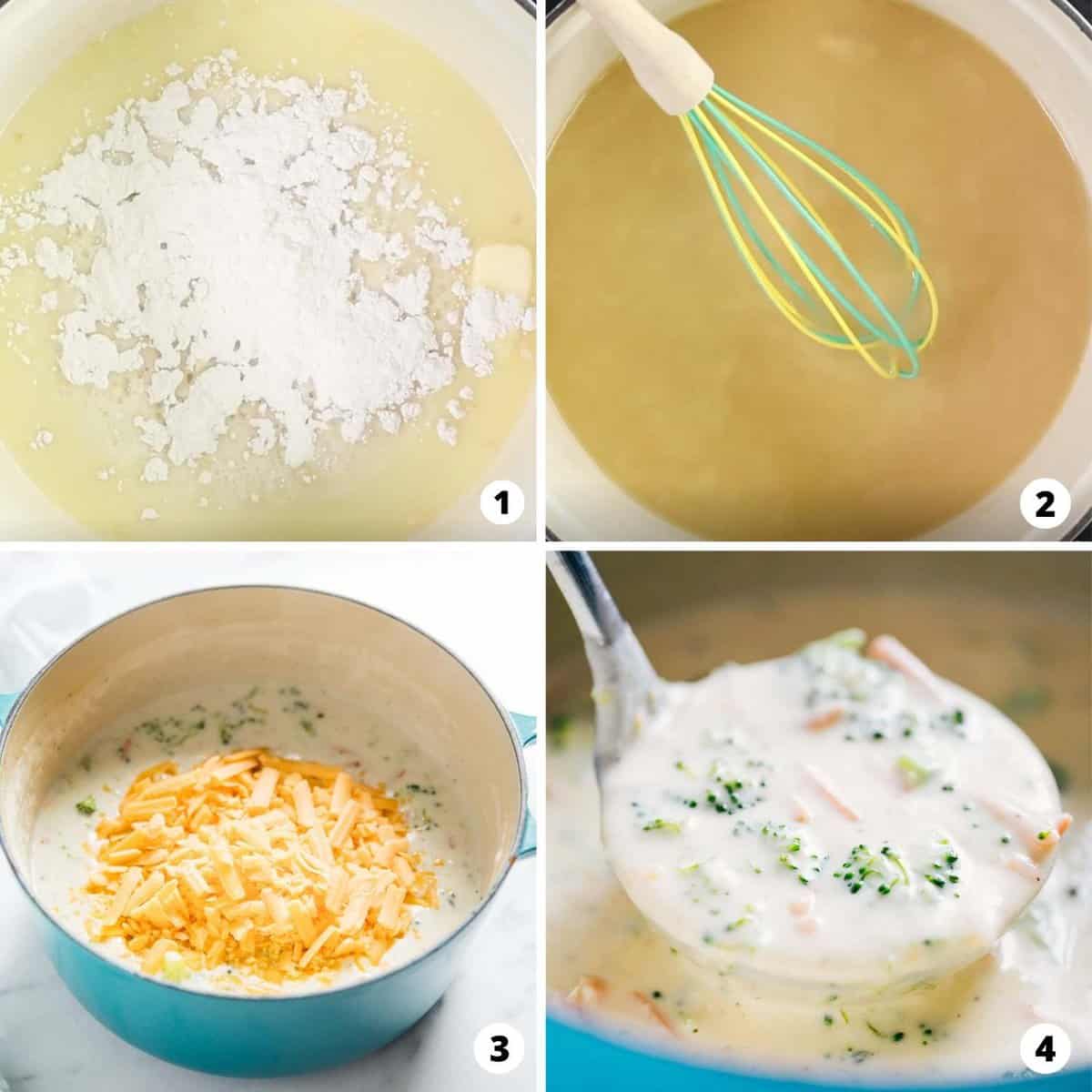 A four step photo process of broccoli cheddar soup. 