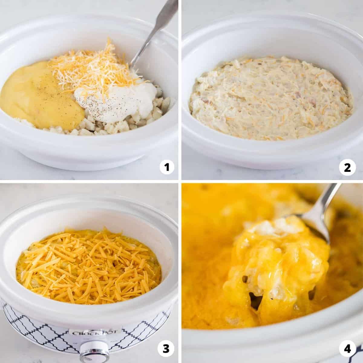 The process of making cheesy potatoes in a four-step photo process. 