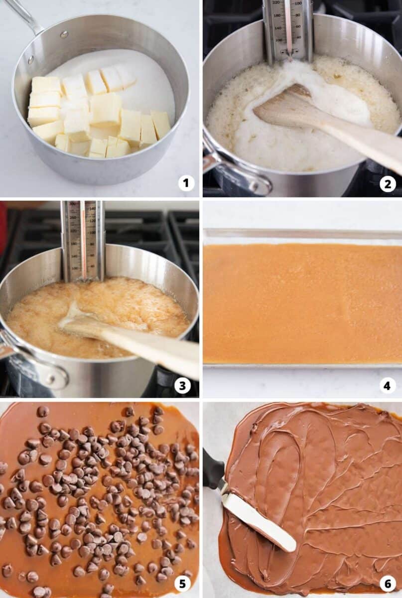 Showing how to make homemade toffee in a 6 step collage.