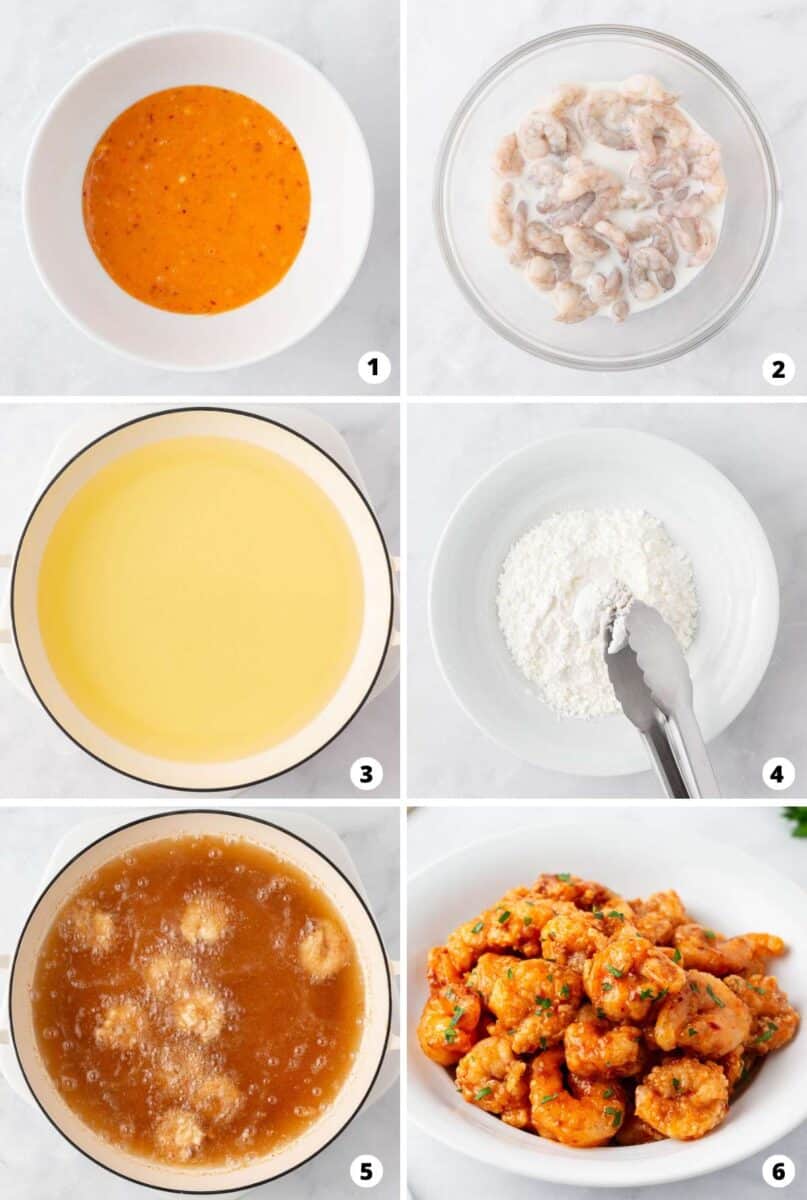 Showing how to make bang bang shrimp in a 6 step collage.