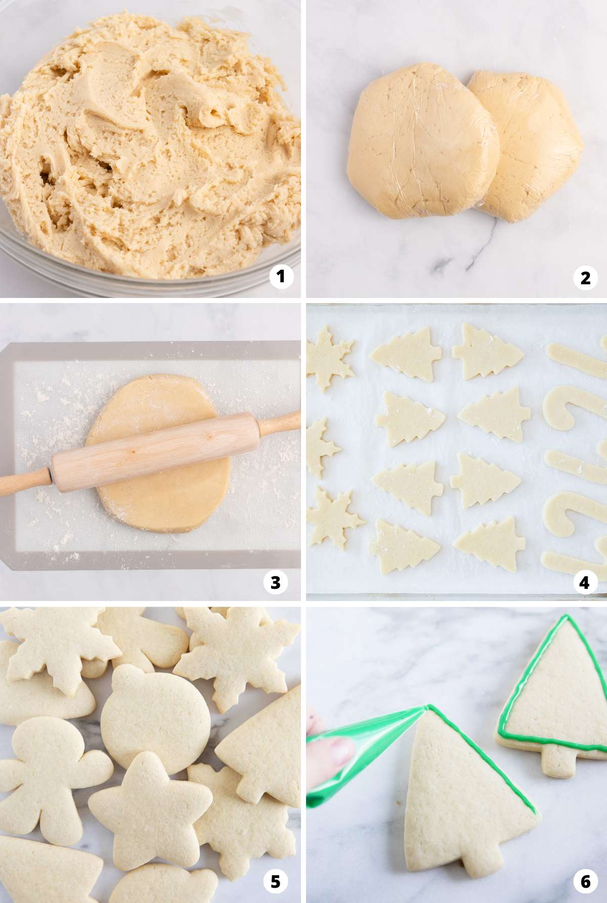 A step by step collage of how to make sugar cookies. 