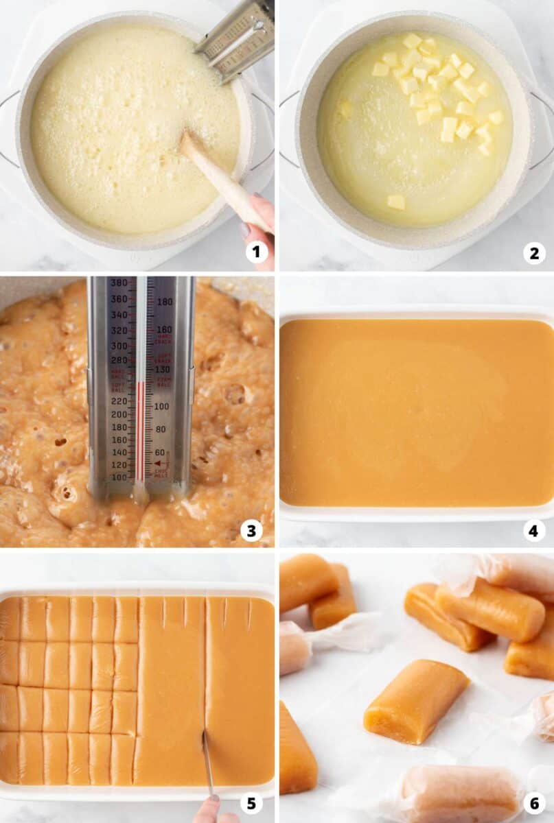 Showing how to make homemade caramels in a 6 step collage.