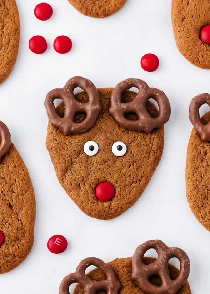 Reindeer cookies on white countertop. 