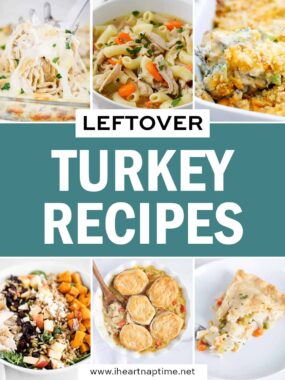 A collage of six photos showing recipes to make with leftover turkey.