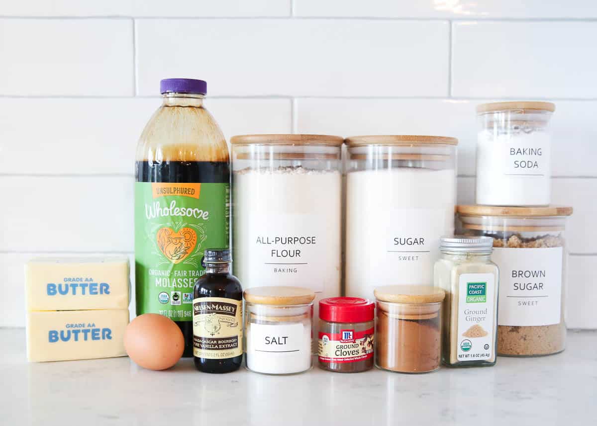 Molasses cookie ingredients on the counter.