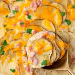 Scalloped potatoes and ham in a baking dish.