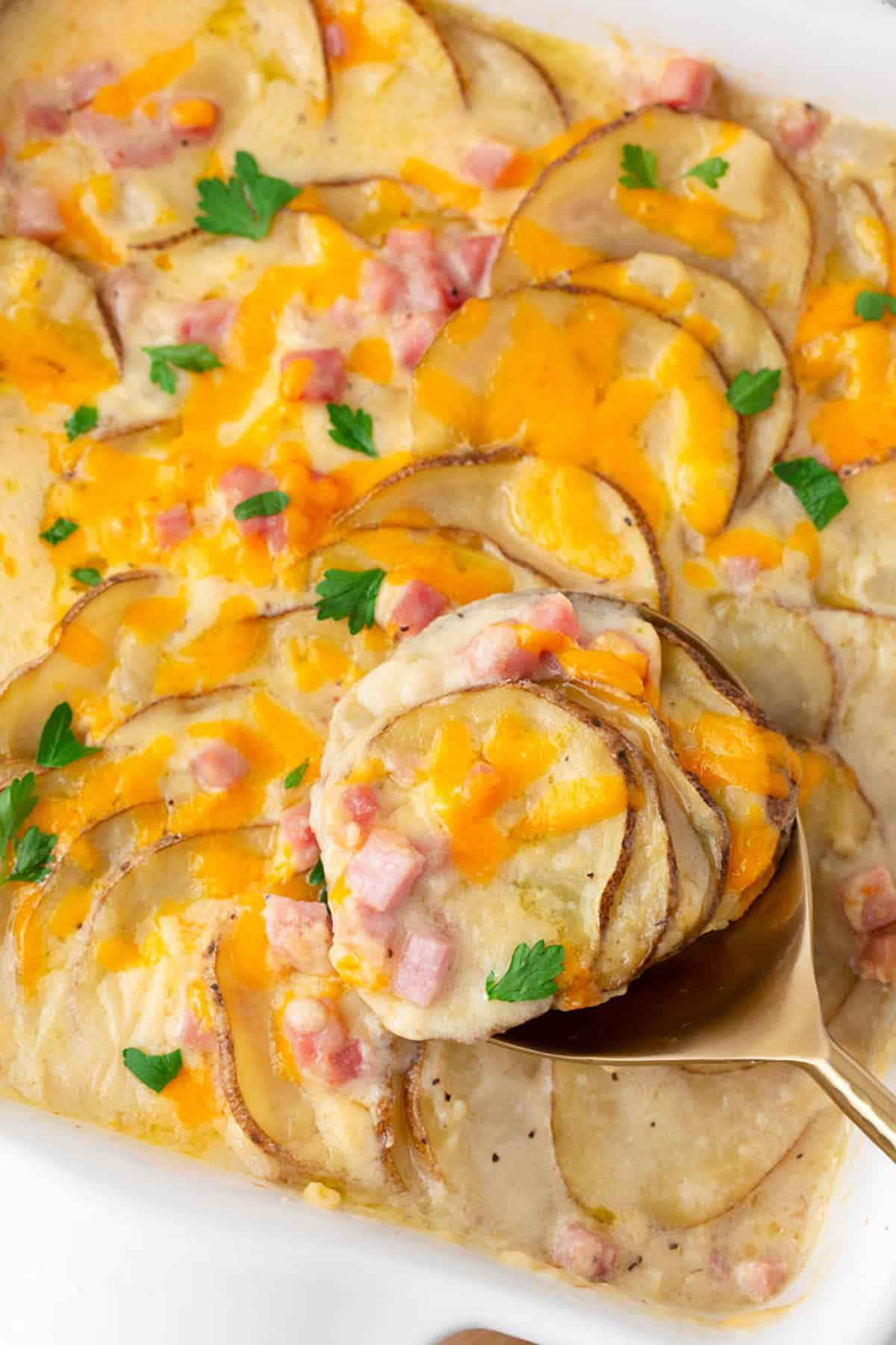 Scalloped potatoes and ham in a baking dish.