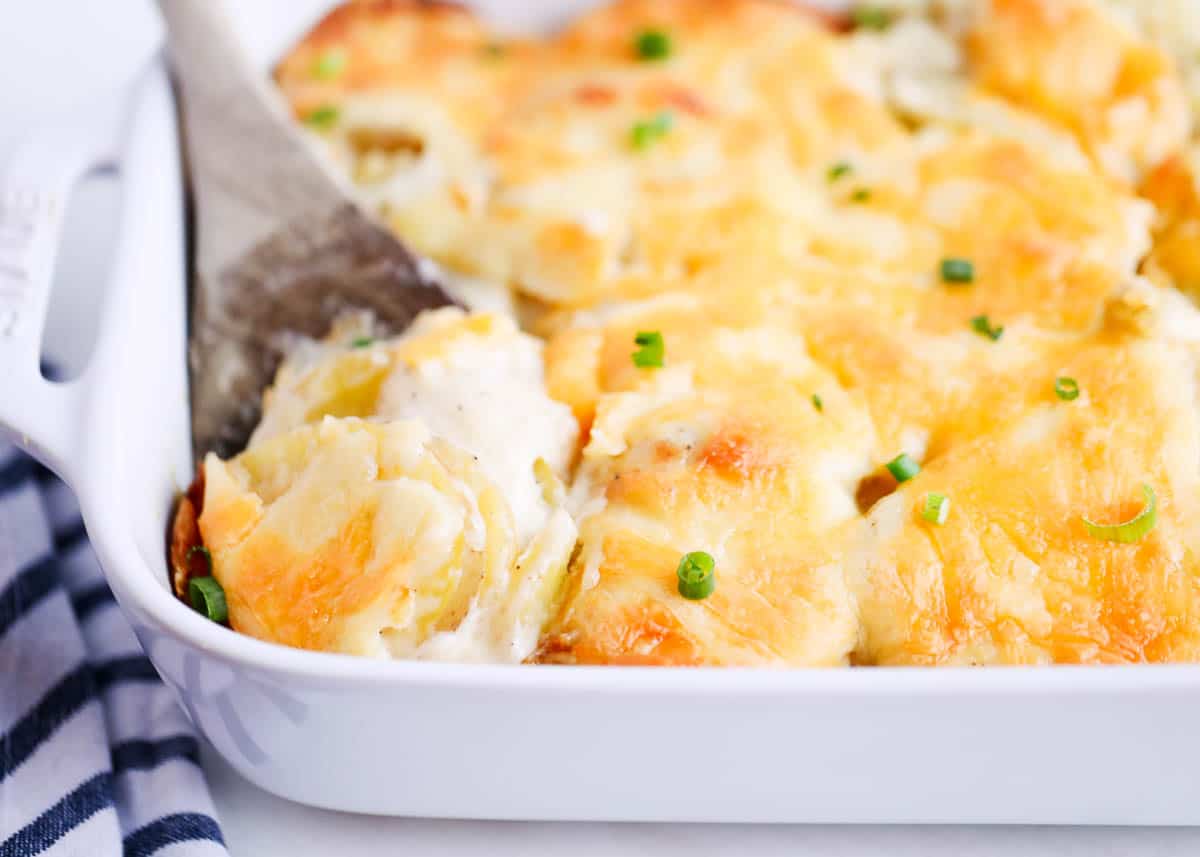 Cheesy scalloped potatoes in a white baking dish.