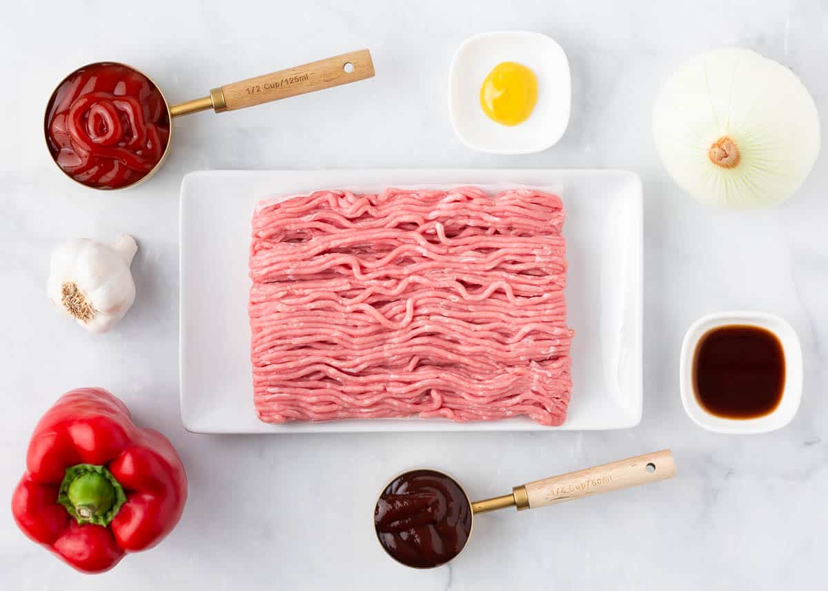 Turkey Sloppy Joes ingredients on marble counter.