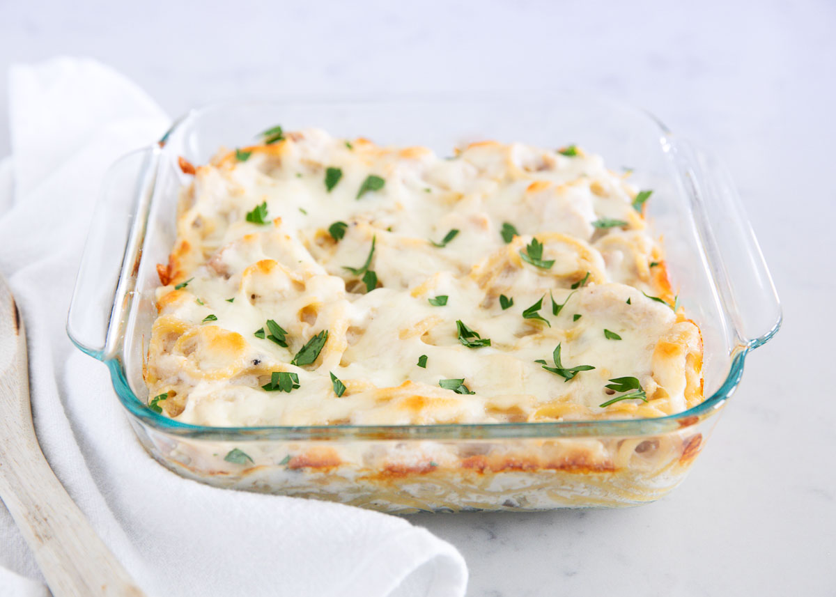Turkey tetrazzini in a glass dish.