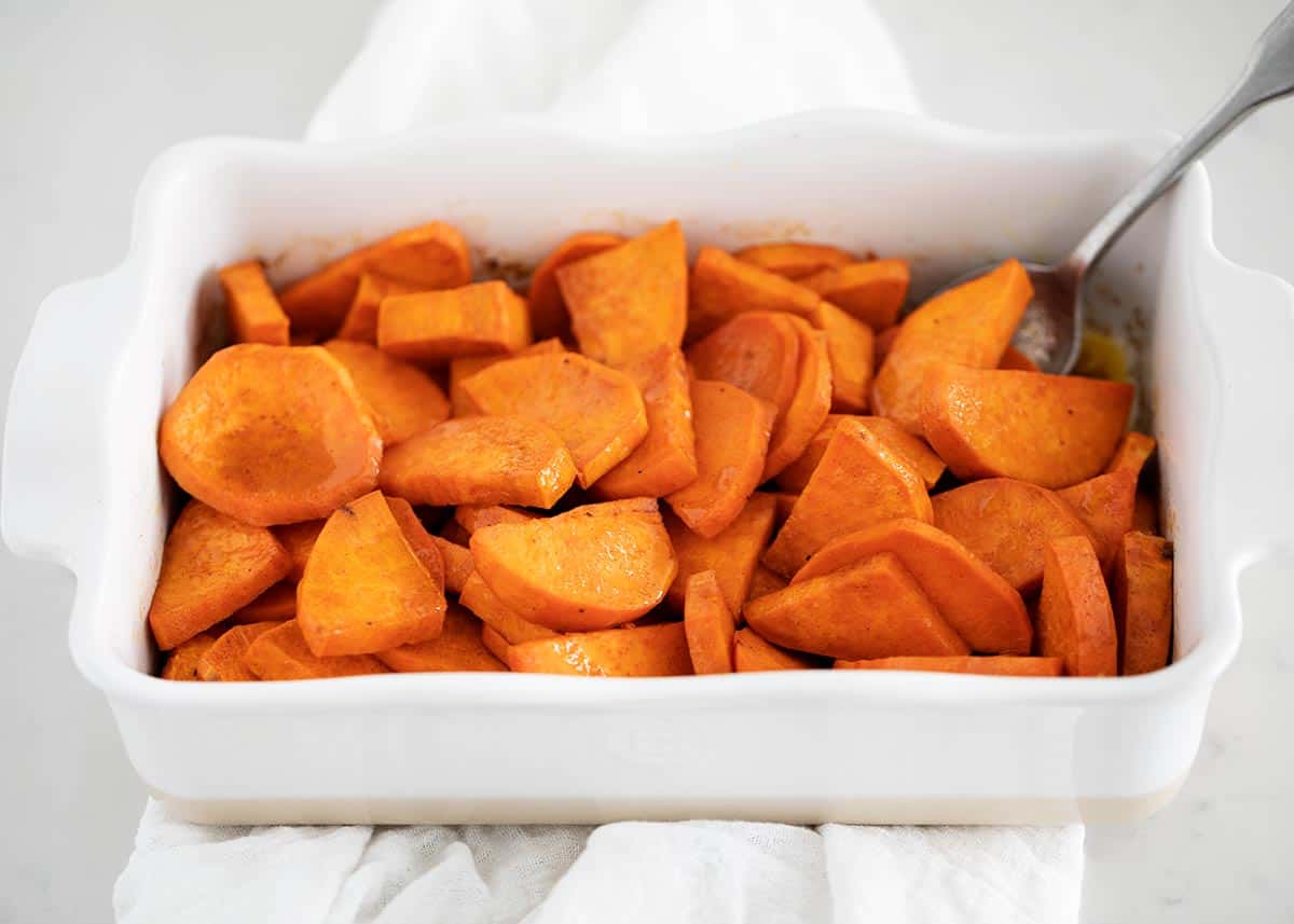 Candied yams in baking dish.