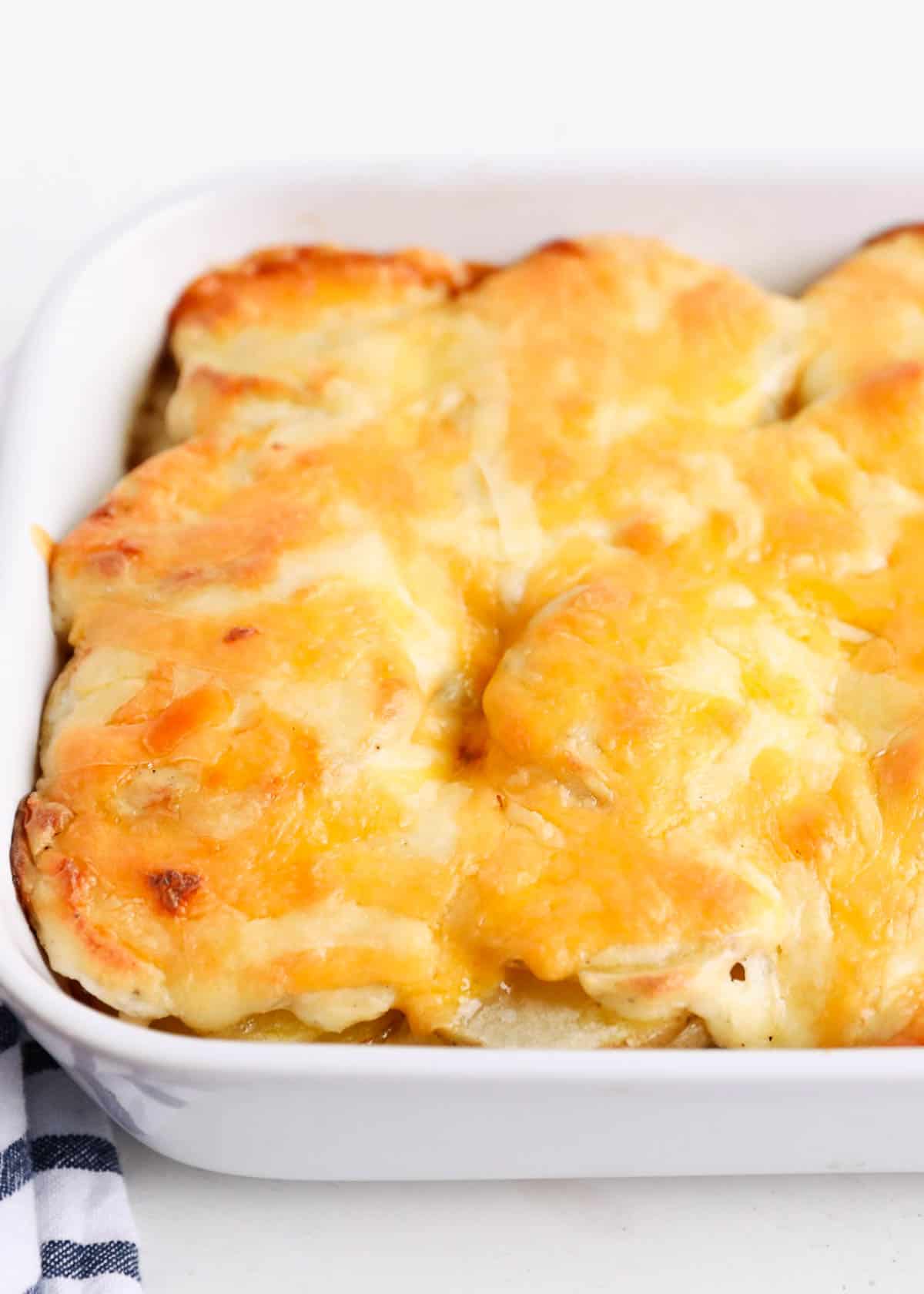 Cheesy scalloped potatoes in a white baking dish.