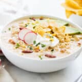 Bowl of crockpot white chicken chili.