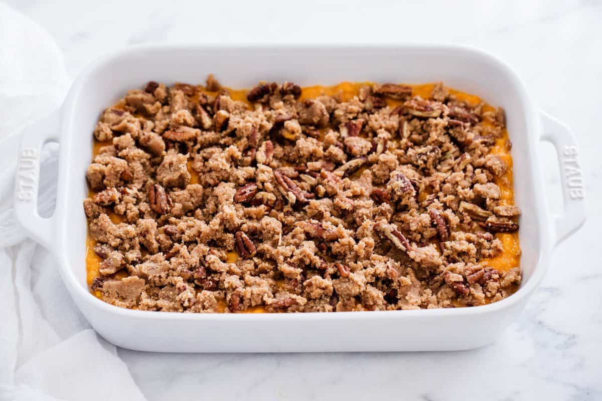 A baking dish with sweet potato casserole. 
