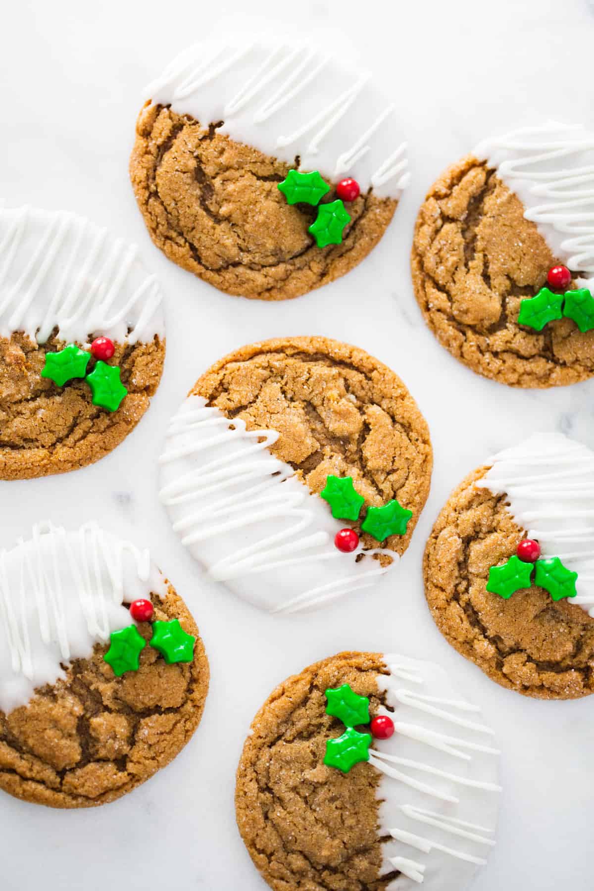 Ginger molasses cookies dipped in white chocolate.