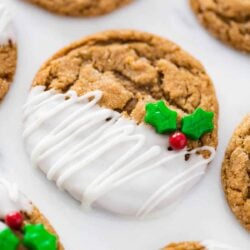 Ginger molasses cookies dipped in white chocolate.