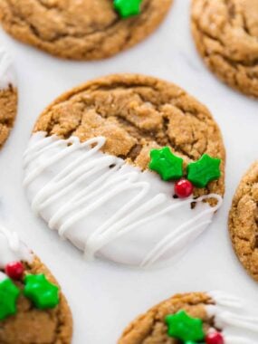 Ginger molasses cookies dipped in white chocolate.