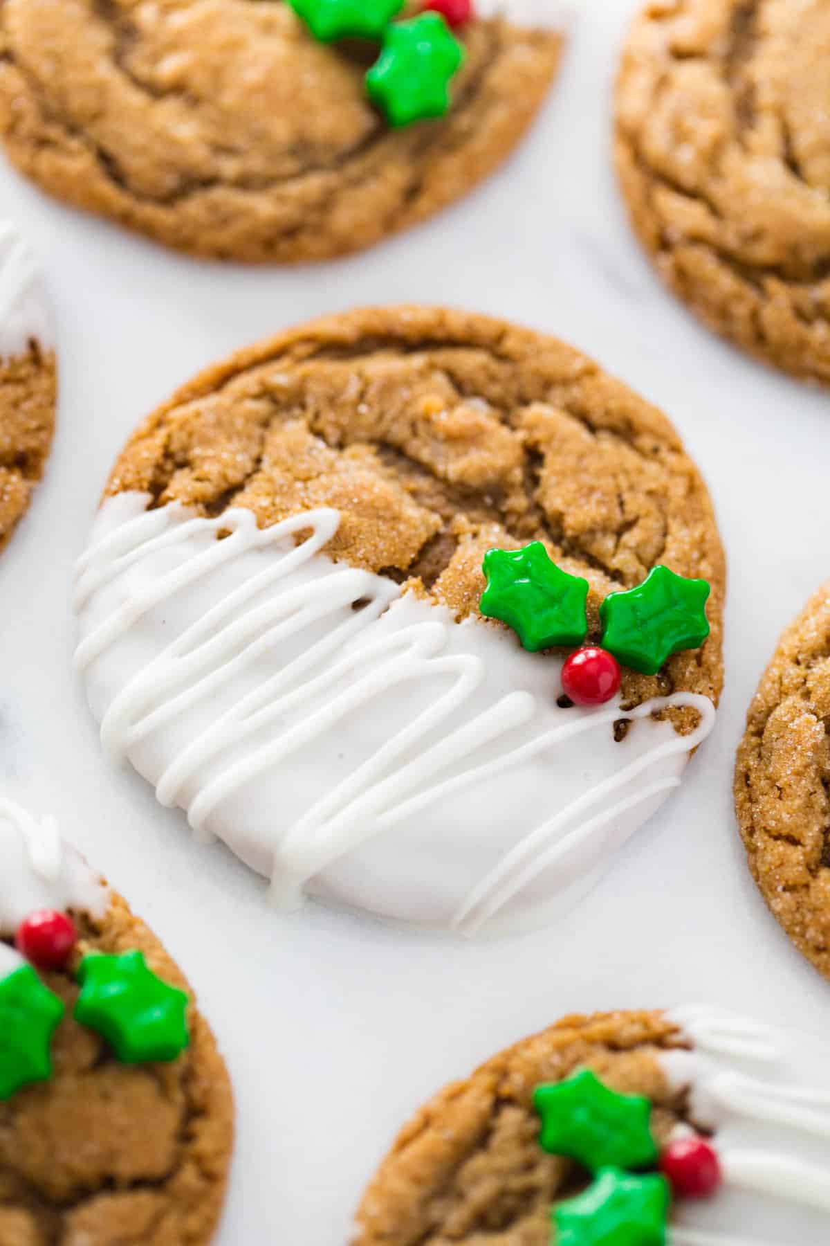 Ginger molasses cookies dipped in white chocolate.